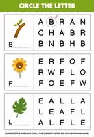 jeu d'éducation pour les enfants cercle la lettre de début de dessin animé mignon branche fleur feuille feuille de travail nature imprimable vecteur