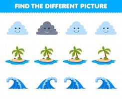 jeu éducatif pour les enfants trouver l'image différente dans chaque rangée de dessin animé mignon nuage île vague imprimable feuille de travail nature vecteur
