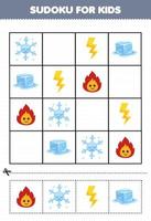 jeu éducatif pour les enfants sudoku pour les enfants avec dessin animé mignon feu flocon de neige tonnerre glace feuille de travail nature imprimable vecteur