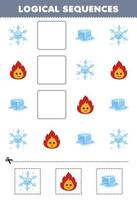 jeu éducatif pour les enfants séquences logiques pour les enfants avec dessin animé mignon flocon de neige feu glace feuille de travail nature imprimable vecteur