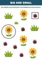 jeu éducatif pour les enfants organiser par taille grande ou petite en dessinant un cercle et un carré de dessin animé mignon tournesol herbe coccinelle feuille de travail nature imprimable vecteur