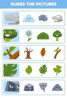 jeu éducatif pour les enfants devinez les images correctes de dessin animé mignon fossile brocoli branche feuille pierre feuille de travail nature imprimable vecteur