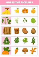jeu éducatif pour les enfants devinez les bonnes images de dessin animé mignon feuille de bananier haricot arbre carotte feuille de travail nature imprimable vecteur