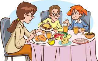 mère et enfants prenant le vecteur de dessin animé de petit déjeuner