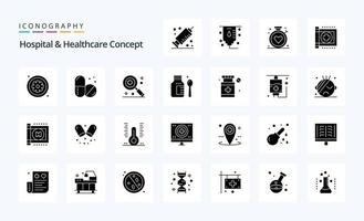 25 pack d'icônes de glyphe solide de concept de soins de santé à l'hôpital vecteur