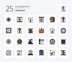pack d'icônes remplies de 25 lignes d'halloween, y compris le cercueil. horreur. croix. Halloween. Collier vecteur