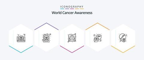 pack d'icônes de 25 lignes de sensibilisation au cancer du monde, y compris la médecine. tablette. escalader. pilules. message vecteur