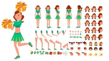 vecteur de fille de pom-pom girl. ensemble de création de personnages animés. fan de sport danse cheerleading femme. pleine longueur, avant, côté, arrière, accessoires, poses, émotions du visage, gestes. dessin animé plat isolé