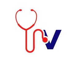 stéthoscope v lettre soins de santé logo concept vecteur