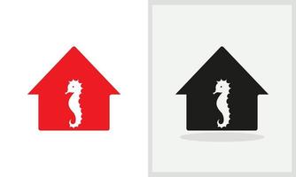 création de logo de maison de cheval de mer. logo de la maison avec vecteur de concept de cheval de mer. création de logo hippocampe et maison