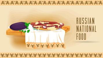 aubergines cuites au four avec sauce à l'ail sur un plateau en bois sur une serviette avec une illustration plate ornementale de la cuisine traditionnelle vecteur
