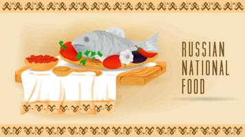 poisson cuit au four avec des légumes sur un plateau en bois sur une serviette avec une illustration plate d'ornement de la nourriture traditionnelle vecteur