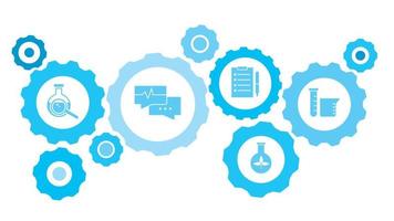 laboratoire, jeu d'icônes bleues à engrenages de flacon. engrenages connectés et icônes vectorielles pour la logistique, le service, l'expédition, la distribution, le transport, le marché, communiquer les concepts. sur fond blanc vecteur
