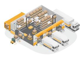 entrepôt intelligent jaune robot de transport de marchandises lourdes pour l'expédition iot et le système d'entreprise ou la grande logistique isolat isométrique d'usine intelligente vecteur