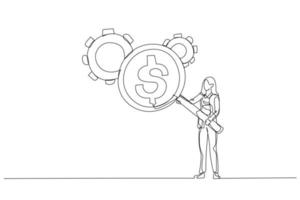 dessin d'une femme d'affaires avec loupe montrant la réflexion de l'argent en dollars en regardant le concept de roue dentée de rapport coût-efficacité. un style d'art en ligne continue vecteur