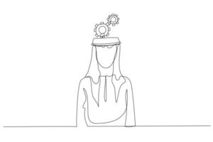 dessin animé de la tête de l'homme arabe obtenir le concept de roue dentée de l'intelligence humaine. style d'art en ligne unique vecteur