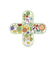 santé plus signe icône de collage de nourriture et de boisson. ensemble vectoriel d'allergènes essentiels et d'icônes de ligne de régime. jeu d'icônes de nourriture modifiable.