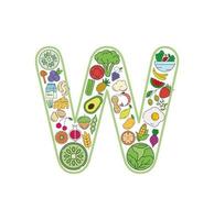jeu d'icônes de collage de nourriture et de boisson de la lettre w. ensemble vectoriel d'allergènes essentiels et d'icônes de ligne de régime. jeu d'icônes de nourriture modifiable.