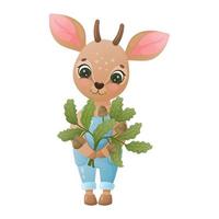 mignon bébé antilope avec des brindilles de chêne et des glands. bambi. illustration de vecteur d'enfants. style bande dessinée. isolé sur blanc.