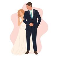couple amoureux, le marié en costume et la mariée en robe de mariée debout de toute leur hauteur. illustration plate isolée de vecteur. vecteur