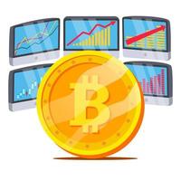 bitcoin avec vecteur de diagramme graphique. moniteurs de trading et tendance. argent numérique. concept d'investissement en crypto-monnaie. isolé sur blanc illustration