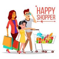 vecteur de femme commerçante. couple de famille heureux. panier de courses. femme joyeuse. tenant des sacs en papier. épicerie en magasin, supermarché. Jour de shopping. plaisir d'achat. illustration de dessin animé isolé d'affaires