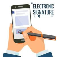 vecteur de smartphone de signature électronique. mains d'homme d'affaires. signe numérique. accords de business. document électronique. illustration plate isolée