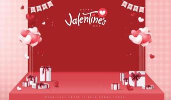 affiche de vente de la saint-valentin ou fond de bannière avec boîte-cadeau et coeur sur scène vecteur