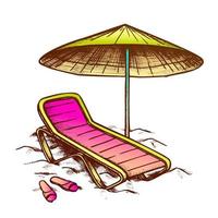 chaise de plage avec parapluie et pantoufles vecteur d'encre