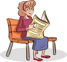 femme assise sur un banc lisant un vecteur de dessin animé de journal