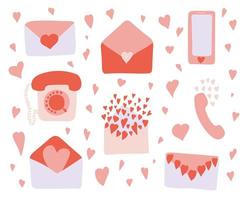 ensemble de vecteurs d'éléments d'amour. enveloppes dessinées à la main, téléphones avec des coeurs mignons sur fond blanc. cartes de voeux saint valentin, décor de fête. vecteur