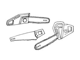 ensemble d'illustrations de tronçonneuse électrique doodle. scie à chaîne électrique vectorielle dessinée à la main isolée. ensemble de scie à doodle noir à poignée. vecteur