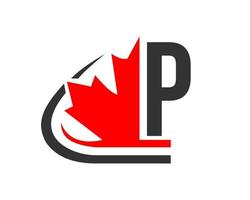 feuille d'érable rouge canadienne avec concept de lettre p. création de logo feuille d'érable vecteur