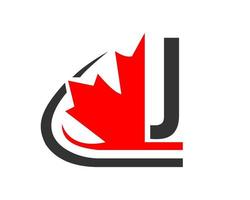 feuille d'érable rouge canadienne avec concept de lettre j. création de logo feuille d'érable vecteur