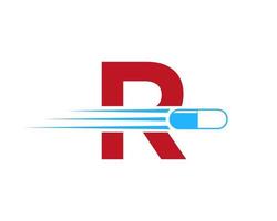 logo de médecine lettre r avec symbole de pilule ou de capsule de médecine vecteur