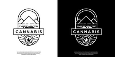 création de logo rétro vintage cannabis et montagne avec style d'art en ligne vecteur