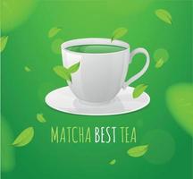 tasse de matcha détaillée 3d réaliste avec des éléments fond de carte de bannière de concept de feuilles de thé vert vibrant. vecteur