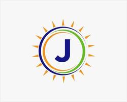 lettre j soleil logo. modèle de logo de l'industrie de l'agriculture électrique de ferme de panneaux solaires vecteur