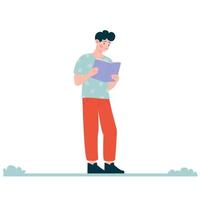 l'homme à lunettes marche et lit un livre. illustration vectorielle vecteur