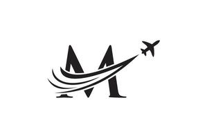 concept de conception de logo de voyage lettre m avec symbole d'avion volant vecteur