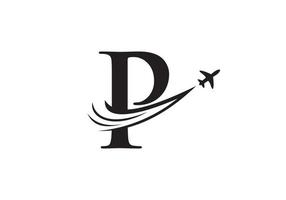 concept de conception de logo de voyage lettre p avec symbole d'avion volant vecteur