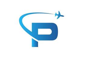 concept de conception de logo de voyage lettre p avec symbole d'avion volant vecteur