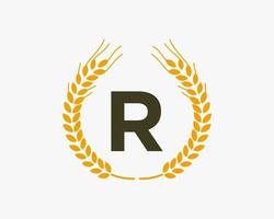 création de logo agricole lettre r avec symbole de blé vecteur