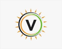 lettre v soleil logo. modèle de logo de l'industrie de l'agriculture électrique de ferme de panneaux solaires vecteur