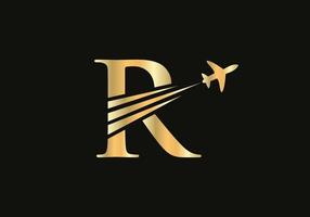 concept de conception de logo de voyage lettre r avec symbole d'avion volant vecteur