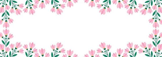 bordure horizontale florale, brindilles à fleurs roses et feuilles de style plat. modèle de vecteur