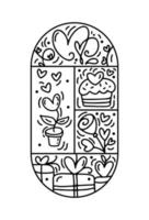 boîtes-cadeaux de constructeur de composition de vecteur de valentine, gâteau, fleurs et coeurs. logo de vacances d'amour dessiné à la main dans un cadre rond pour carte de voeux, invitation à la conception web