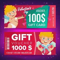 vecteur de bon cadeau saint valentin. coupon horizontal. 14 février. valentine cupidon et cadeaux. annonce d'achat. illustration rouge de cadeau d'amour d'affaires