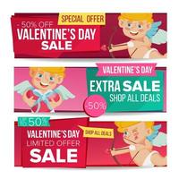 vecteur de bannière de vente saint valentin. 14 février Cupidon. achats en ligne de la Saint-Valentin. bannières de remise horizontales. étiquette de bannière de vente promo d'amour. étiquettes d'offre de prix romantiques. illustration isolée