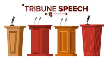 vecteur de jeu de tribune. tribune de podium avec microphones. présentation d'entreprise ou conférence, discours de débat. illustration de dessin animé plat